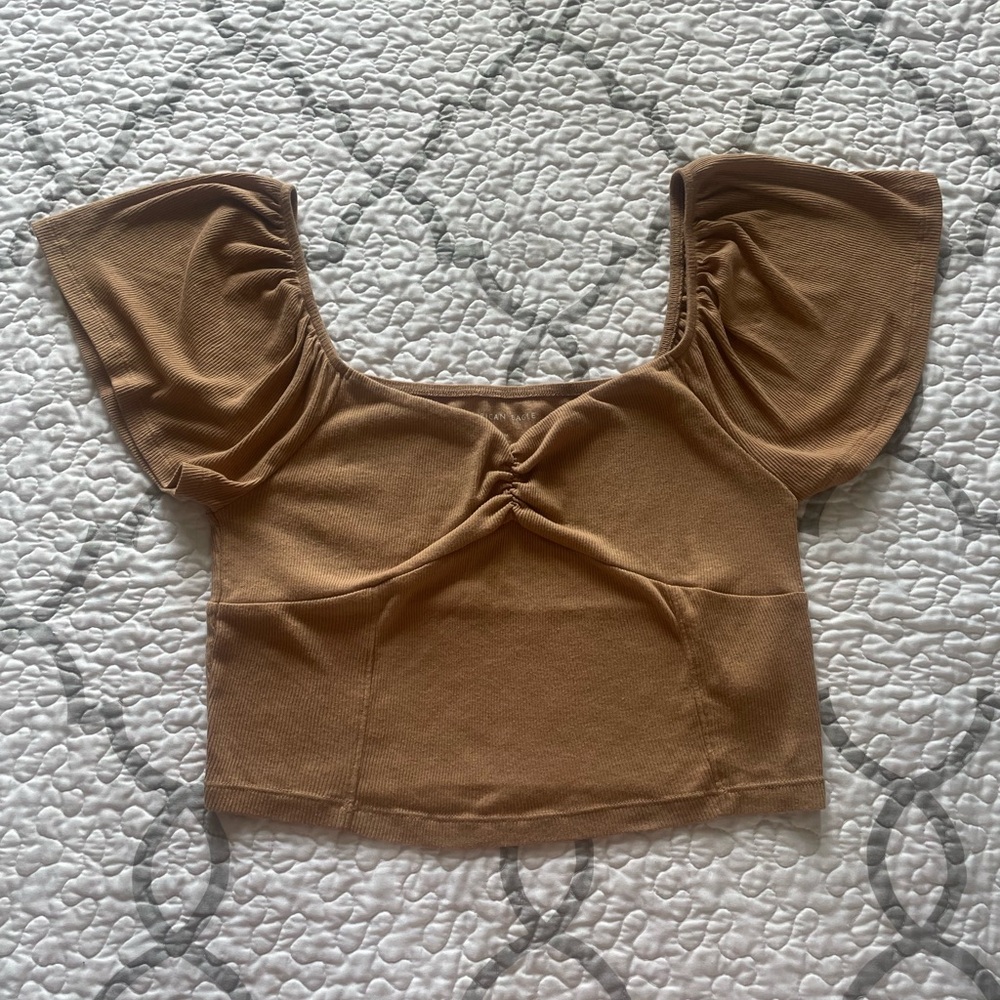 American Eagle Tan Ribbed Crop Top with Flowy Short Sleeves Women’s Medium